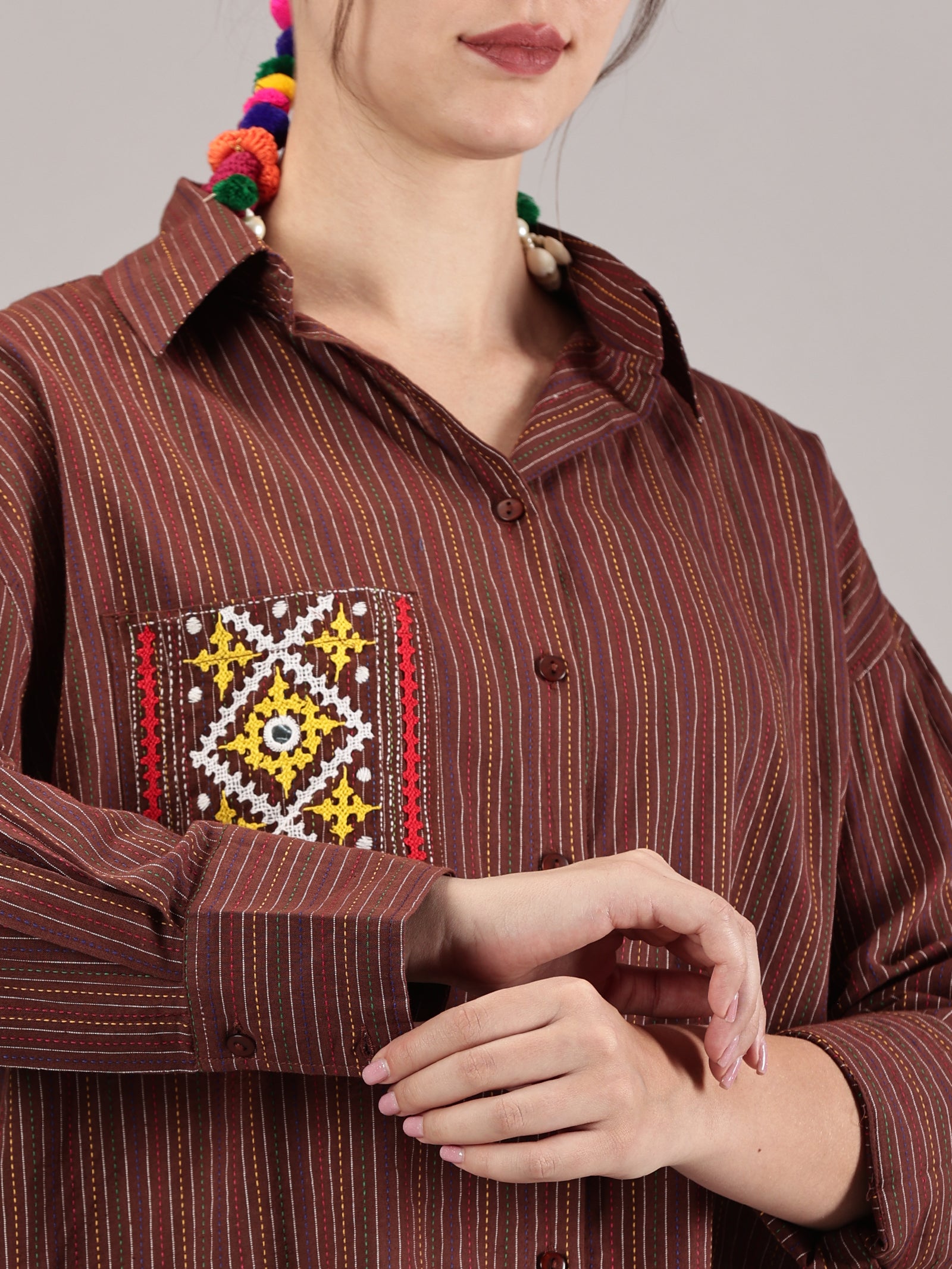 Brown kantha hand embroidery oversized  pocket shirt