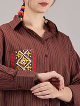 Brown kantha hand embroidery oversized  pocket shirt