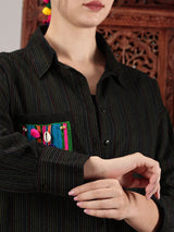 Black kantha hand embroidery oversized  pocket shirt