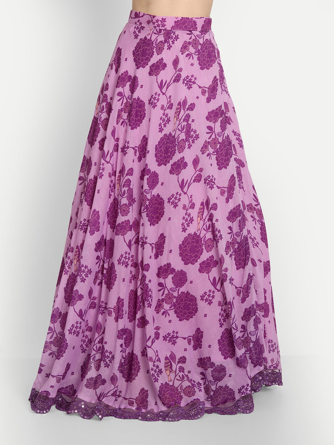 Purple Bird Print Lehenga With Blouse And Dupatta