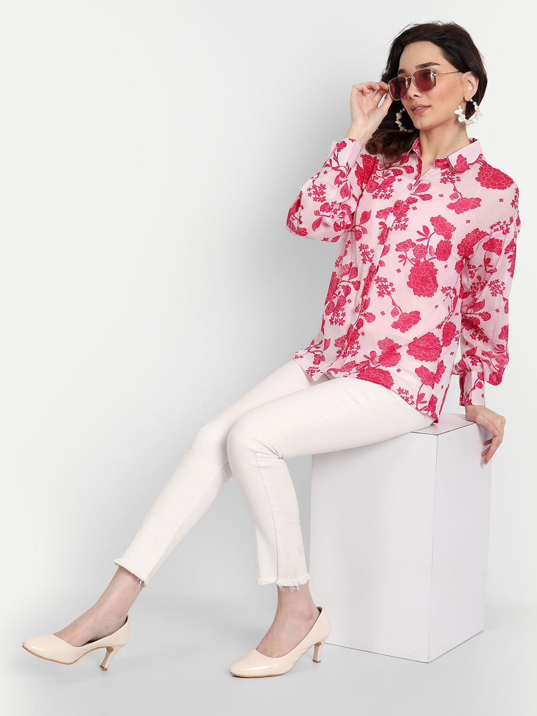 Pink Bird Print Scallop Collar Shirt