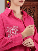 Pink kantha hand embroidery oversized pocket shirt
