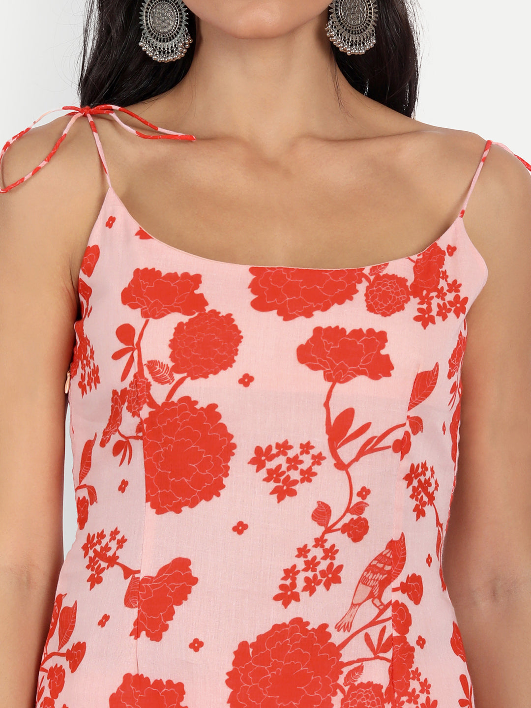 Strap Orange Bird Print Kurta Set