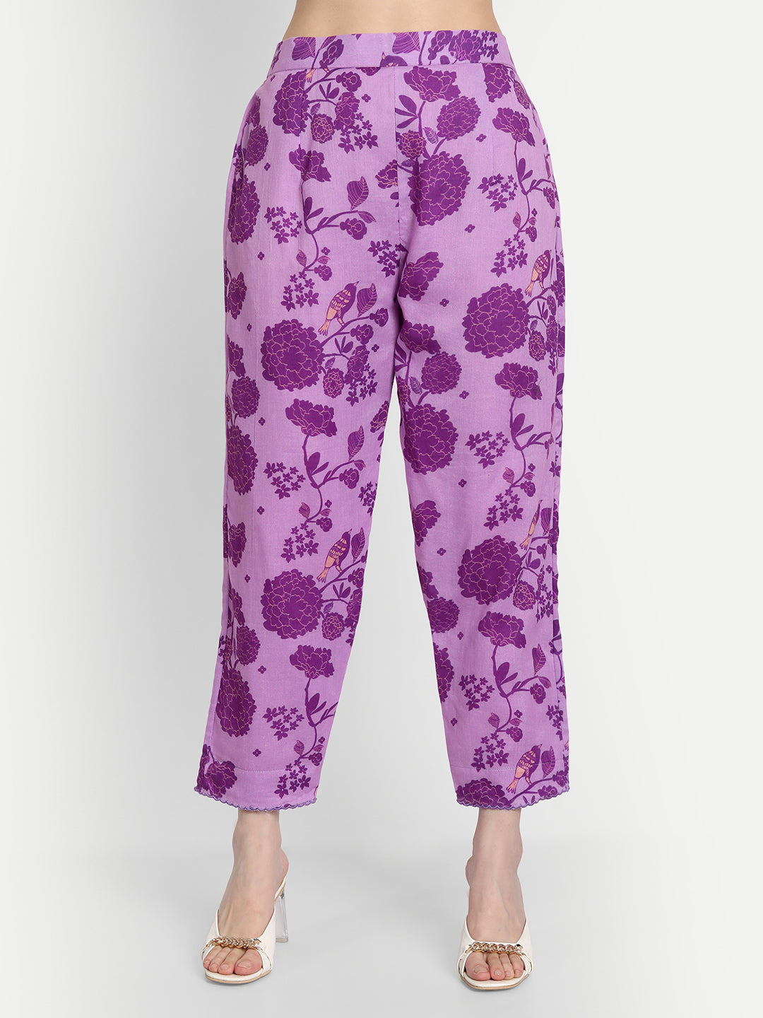 Purple Bird Print Pleated Kurta Set
