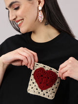 Maroon heart Crochet Pocket  T-shirt