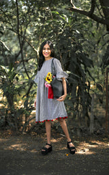Black Checks Pom Pom Dress