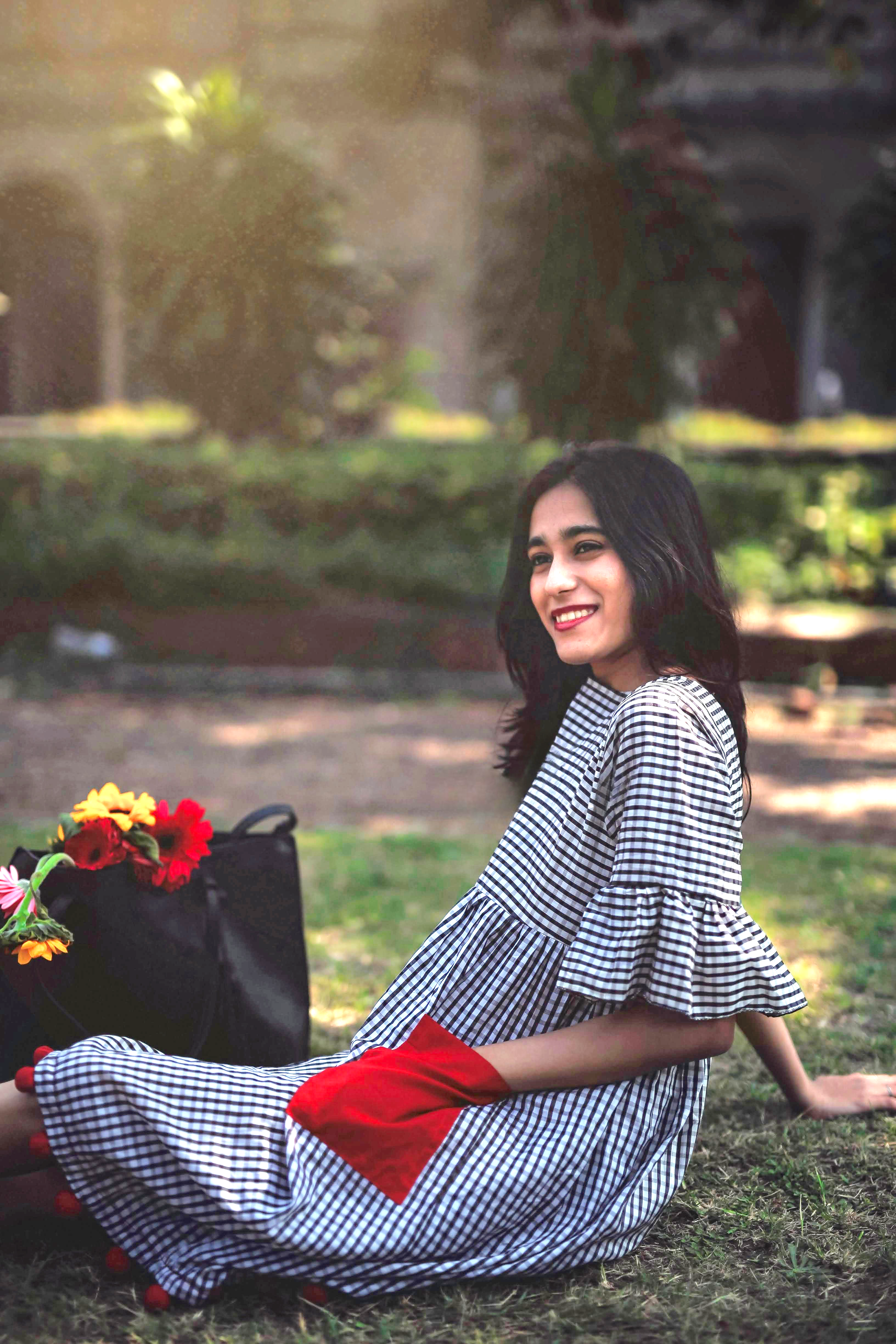 Black Checks Pom Pom Dress